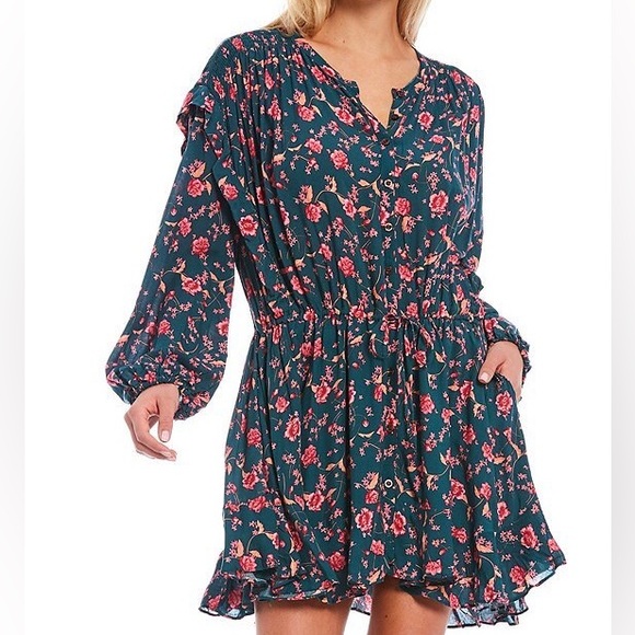 Free People Dresses & Skirts - Free People Flower Fields Emerald Combo Long Sleeve Button Up Mini Dress Pockets